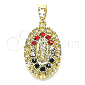 Dije Religioso 05.253.0018.1 Oro Laminado, Diseño de Guadalupe y Corazón, con Multicolor Cristal, Pulido, Tono Dorado