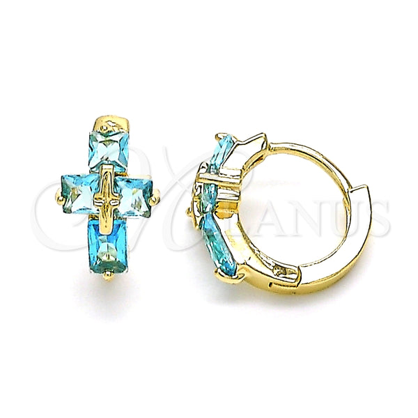 Argolla Huggie 02.210.0552.2.12 Oro Laminado, Diseño de Cruz y Baguette, con Topacio Azul Zirconia Cubica, Pulido, Tono Dorado
