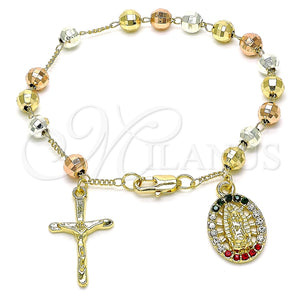 Pulsera de Dije 03.380.0119.1.08 Oro Laminado, Diseño de Guadalupe y Crucifijo, con Multicolor Cristal, Diamantado, Tres Tonos (06 MM Thickness, 8 Inches Length)