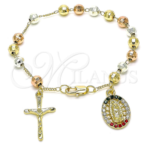Pulsera de Dije 03.380.0119.1.08 Oro Laminado, Diseño de Guadalupe y Crucifijo, con Multicolor Cristal, Diamantado, Tres Tonos (06 MM Thickness, 8 Inches Length)