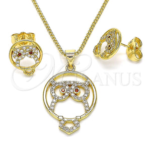 Juego de Arete y Dije de Adulto 10.156.0374 Oro Laminado, Diseño de Búho, con Blanca and Granate Micro Pave, Pulido, Tono Dorado