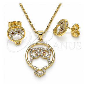 Juego de Arete y Dije de Adulto 10.156.0374 Oro Laminado, Diseño de Búho, con Blanca and Granate Micro Pave, Pulido, Tono Dorado