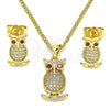 Juego de Arete y Dije de Adulto 10.156.0375 Oro Laminado, Diseño de Búho, con Blanca Micro Pave and Granate Zirconia Cubica, Pulido, Tono Dorado