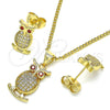 Juego de Arete y Dije de Adulto 10.156.0375 Oro Laminado, Diseño de Búho, con Blanca Micro Pave and Granate Zirconia Cubica, Pulido, Tono Dorado