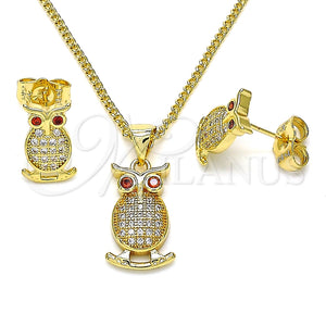 Juego de Arete y Dije de Adulto 10.156.0375 Oro Laminado, Diseño de Búho, con Blanca Micro Pave and Granate Zirconia Cubica, Pulido, Tono Dorado