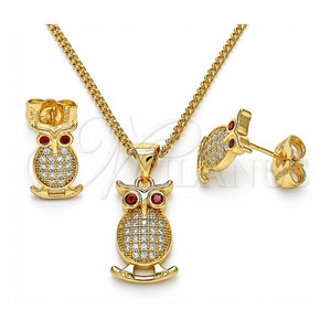 Juego de Arete y Dije de Adulto 10.156.0375 Oro Laminado, Diseño de Búho, con Blanca Micro Pave and Granate Zirconia Cubica, Pulido, Tono Dorado