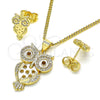 Juego de Arete y Dije de Adulto 10.156.0376 Oro Laminado, Diseño de Búho, con Blanca Micro Pave, Pulido, Tono Dorado