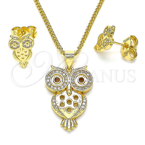 Juego de Arete y Dije de Adulto 10.156.0376 Oro Laminado, Diseño de Búho, con Blanca Micro Pave, Pulido, Tono Dorado