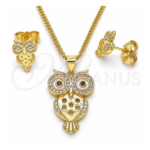 Juego de Arete y Dije de Adulto 10.156.0376 Oro Laminado, Diseño de Búho, con Blanca Micro Pave, Pulido, Tono Dorado