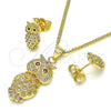 Juego de Arete y Dije de Adulto 10.156.0379 Oro Laminado, Diseño de Búho, con Blanca Micro Pave and Granate Zirconia Cubica, Pulido, Tono Dorado
