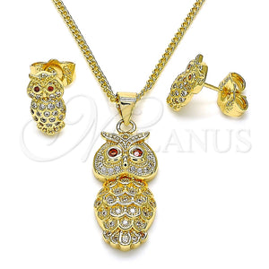 Juego de Arete y Dije de Adulto 10.156.0379 Oro Laminado, Diseño de Búho, con Blanca Micro Pave and Granate Zirconia Cubica, Pulido, Tono Dorado