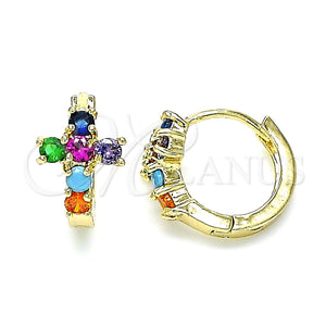 Argolla Huggie 02.210.0562.2.12 Oro Laminado, Diseño de Cruz, con Multicolor Zirconia Cubica, Pulido, Tono Dorado