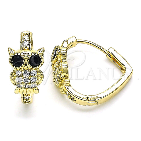Argolla Huggie 02.210.0585.20 Oro Laminado, Diseño de Búho, con Blanca Micro Pave and Negro Zirconia Cubica, Pulido, Tono Dorado