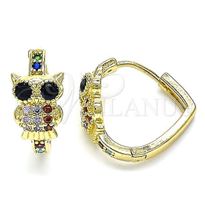 Argolla Huggie 02.210.0585.1.20 Oro Laminado, Diseño de Búho, con Multicolor Micro Pave and Negro Zirconia Cubica, Pulido, Tono Dorado