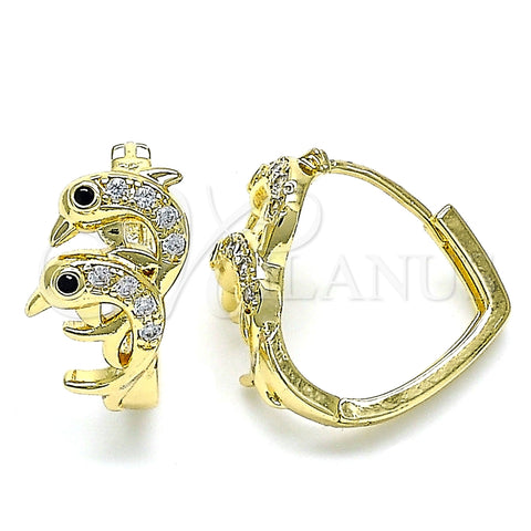 Argolla Huggie 02.210.0587.20 Oro Laminado, Diseño de Delfín, con Blanca and Negro Micro Pave, Pulido, Tono Dorado