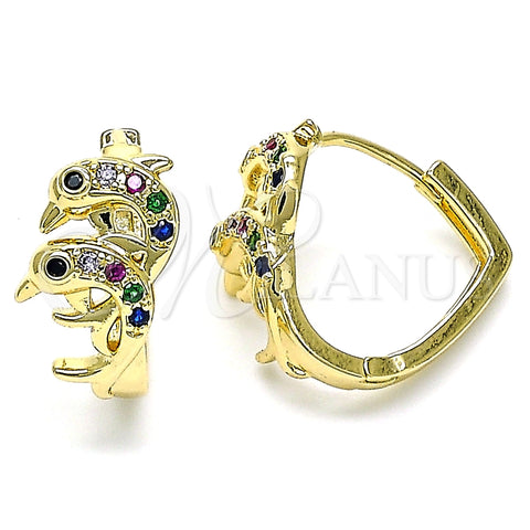 Argolla Huggie 02.210.0587.1.20 Oro Laminado, Diseño de Delfín, con Multicolor Micro Pave, Pulido, Tono Dorado