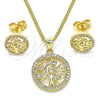 Juego de Arete y Dije de Adulto 10.156.0380 Oro Laminado, Diseño de Ãrbol, con Blanca Zirconia Cubica, Pulido, Tono Dorado
