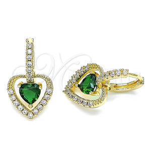 Arete Colgante 02.65.2660.4 Oro Laminado, Diseño de Corazón, con Verde Zirconia Cubica and Blanca Micro Pave, Pulido, Tono Dorado