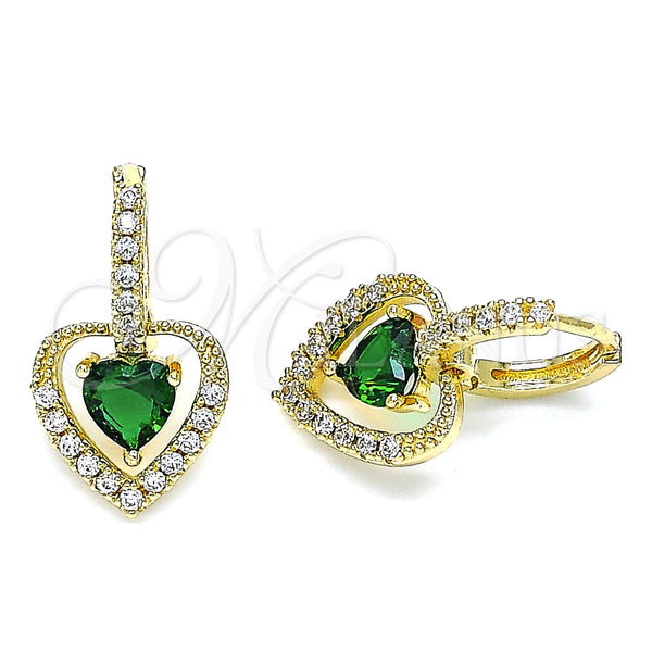 Arete Colgante 02.65.2660.4 Oro Laminado, Diseño de Corazón, con Verde Zirconia Cubica and Blanca Micro Pave, Pulido, Tono Dorado