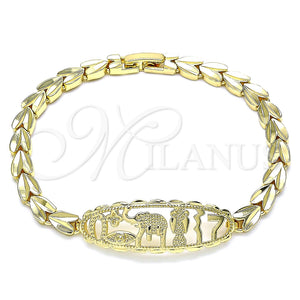 Pulsera Elegante 03.100.0070.07 Oro Laminado, Diseño de Elefante y Búho, Diamantado, Tono Dorado (06 MM Thickness, 7 Inches Length)