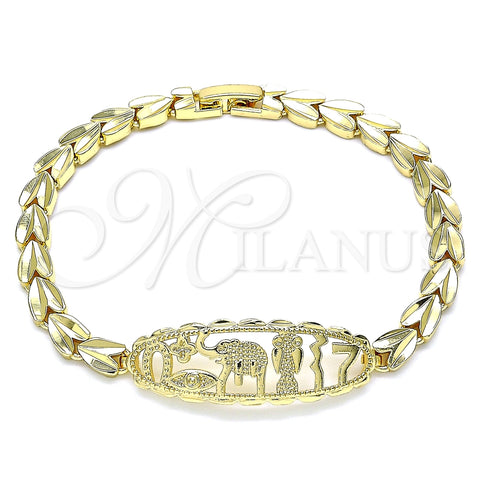 Pulsera Elegante 03.100.0070.07 Oro Laminado, Diseño de Elefante y Búho, Diamantado, Tono Dorado (06 MM Thickness, 7 Inches Length)