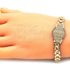 Pulsera Elegante 03.100.0062.1.08 Oro Laminado, Diseño de Guadalupe y Flor, con Multicolor Zirconia Cubica, Diamantado, Tono Dorado (08 MM Thickness, 8 Inches Length)