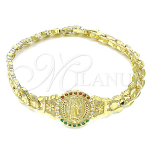 Pulsera Elegante 03.100.0062.1.08 Oro Laminado, Diseño de Guadalupe y Flor, con Multicolor Zirconia Cubica, Diamantado, Tono Dorado (08 MM Thickness, 8 Inches Length)