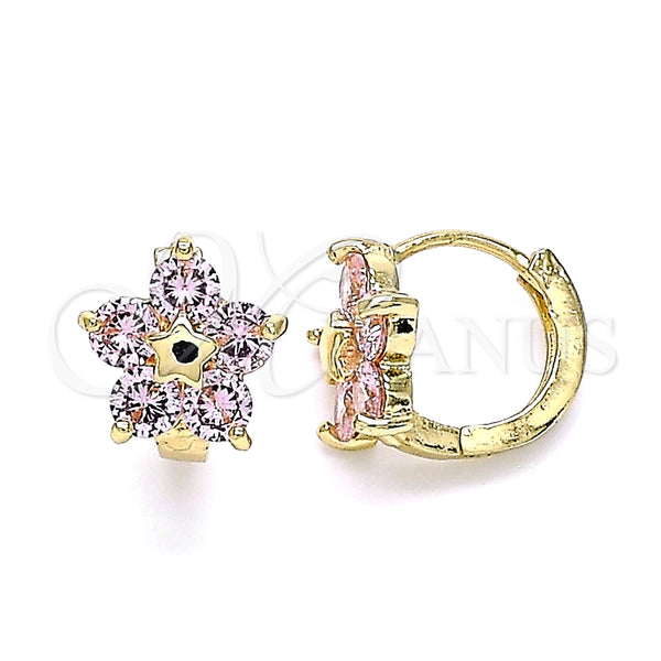 Argolla Huggie 02.210.0611.3.12 Oro Laminado, Diseño de Flor y Estrella, con Rosado Zirconia Cubica, Pulido, Tono Dorado