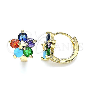 Argolla Huggie 02.210.0611.4.12 Oro Laminado, Diseño de Flor y Estrella, con Multicolor Zirconia Cubica, Pulido, Tono Dorado