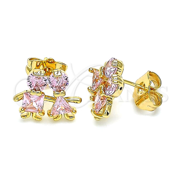Arete Dormilona 02.387.0021.2 Oro Laminado, Diseño de Niñito Pequeño y Niñita Pequeña, con Rosado Zirconia Cubica, Pulido, Tono Dorado