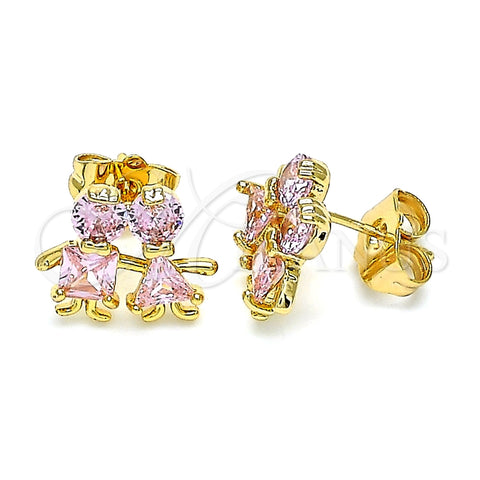Arete Dormilona 02.387.0021.2 Oro Laminado, Diseño de Niñito Pequeño y Niñita Pequeña, con Rosado Zirconia Cubica, Pulido, Tono Dorado