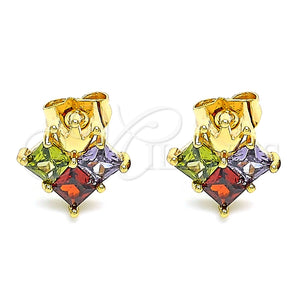 Arete Dormilona 02.387.0022.1 Oro Laminado, Diseño de Corona, con Multicolor Zirconia Cubica, Pulido, Tono Dorado