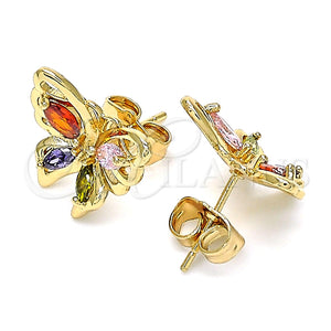 Arete Dormilona 02.387.0028.1 Oro Laminado, Diseño de Mariposa, con Multicolor Zirconia Cubica, Pulido, Tono Dorado