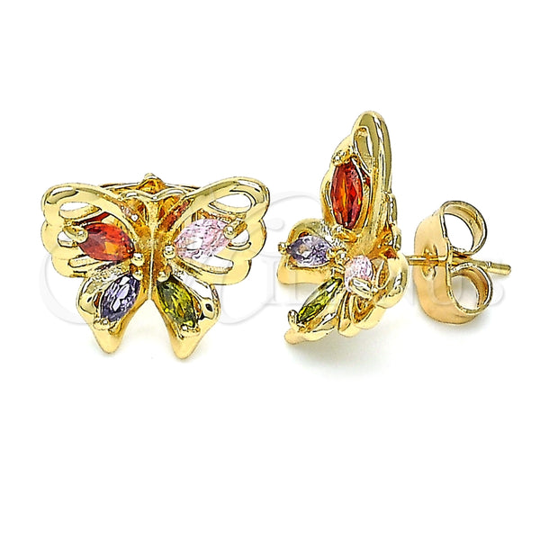 Arete Dormilona 02.387.0028.1 Oro Laminado, Diseño de Mariposa, con Multicolor Zirconia Cubica, Pulido, Tono Dorado