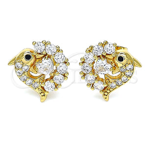 Arete Dormilona 02.387.0029 Oro Laminado, Diseño de Delfín y Corazón, con Blanca and Negro Zirconia Cubica, Pulido, Tono Dorado