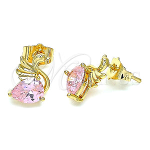 Arete Dormilona 02.387.0031.1 Oro Laminado, Diseño de Cisne, con Rosado Zirconia Cubica, Pulido, Tono Dorado