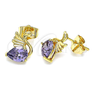 Arete Dormilona 02.387.0031.2 Oro Laminado, Diseño de Cisne, con Amatista Zirconia Cubica, Pulido, Tono Dorado