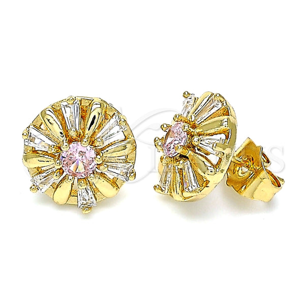 Arete Dormilona 02.387.0033.1 Oro Laminado, Diseño de Flor y Baguette, con Rosado and Blanca Zirconia Cubica, Pulido, Tono Dorado