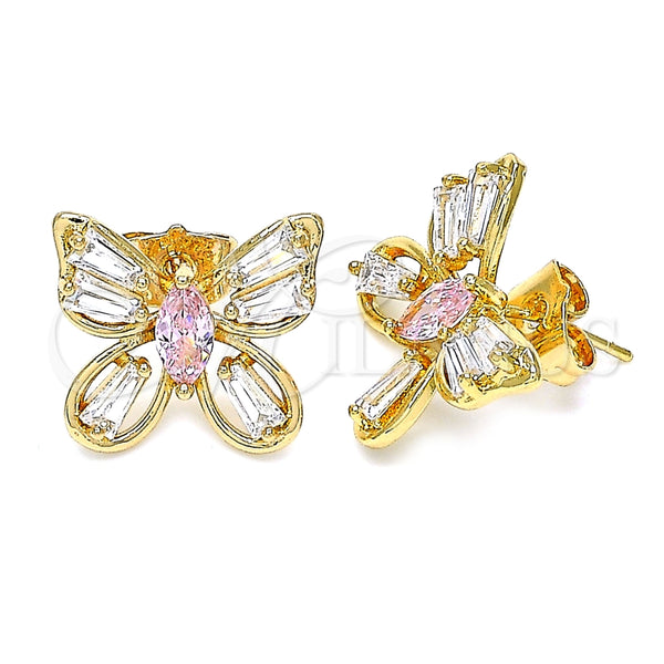 Arete Dormilona 02.387.0036.1 Oro Laminado, Diseño de Mariposa, con Rosado and Blanca Zirconia Cubica, Pulido, Tono Dorado
