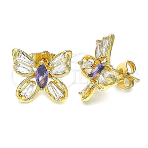 Arete Dormilona 02.387.0036.2 Oro Laminado, Diseño de Mariposa, con Amatista and Blanca Zirconia Cubica, Pulido, Tono Dorado