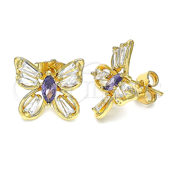 Arete Dormilona 02.387.0036.2 Oro Laminado, Diseño de Mariposa, con Amatista and Blanca Zirconia Cubica, Pulido, Tono Dorado