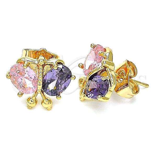 Arete Dormilona 02.387.0019.4 Oro Laminado, Diseño de Mariposa, con Amatista and Rosado Zirconia Cubica, Pulido, Tono Dorado