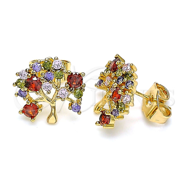Arete Dormilona 02.387.0037 Oro Laminado, Diseño de Ãrbol, con Multicolor Zirconia Cubica, Pulido, Tono Dorado
