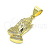 Dije Religioso 05.342.0006 Oro Laminado, Diseño de Manos de Rogacion, con Micro Pave Blanca, Pulido, Tono Dorado