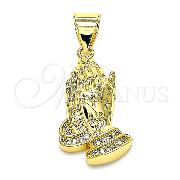 Dije Religioso 05.342.0006 Oro Laminado, Diseño de Manos de Rogacion, con Micro Pave Blanca, Pulido, Tono Dorado