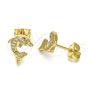 Arete Dormilona 02.342.0114 Oro Laminado, Diseño de Delfín, con Blanca Micro Pave, Pulido, Tono Dorado