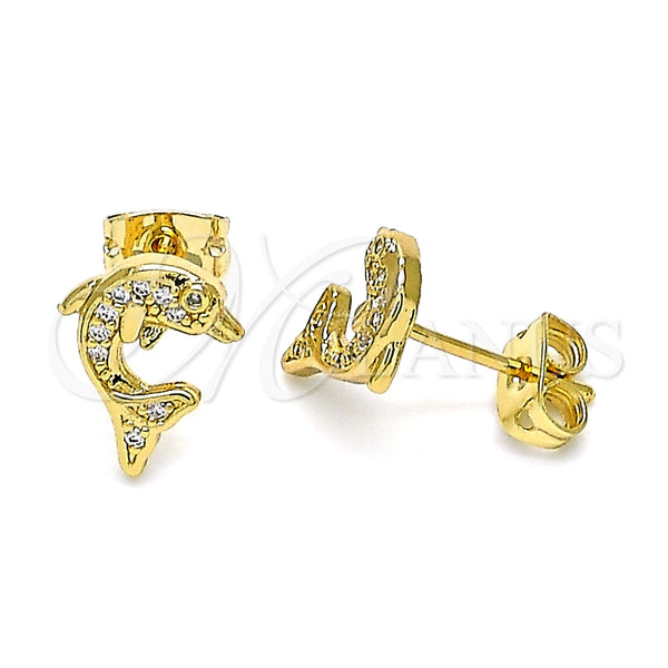 Arete Dormilona 02.342.0114 Oro Laminado, Diseño de Delfín, con Blanca Micro Pave, Pulido, Tono Dorado