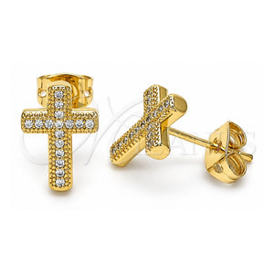 Arete Dormilona 02.342.0117 Oro Laminado, Diseño de Cruz, con Micro Pave Blanca, Pulido, Tono Dorado