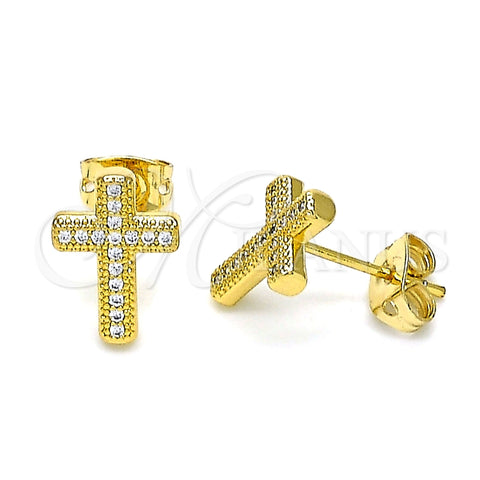 Arete Dormilona 02.342.0117 Oro Laminado, Diseño de Cruz, con Micro Pave Blanca, Pulido, Tono Dorado