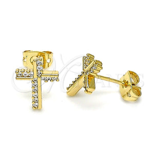 Arete Dormilona 02.342.0118 Oro Laminado, Diseño de Cruz, con Micro Pave Blanca, Pulido, Tono Dorado